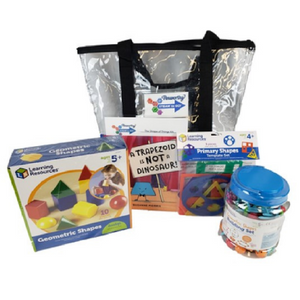 Colorful toys and the book A Trapezoid Is Not a Dinosaur in front of a bag