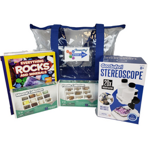 The book Everything Rocks and Minerals, a mineral collection and a stereoscope next to a bag