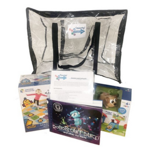 game, toys and the book Robots Can't Dance in front of a bag 