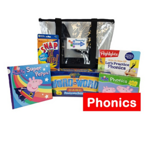 Cards and games and the books Super Peppa and Let's Practice Phonics by a bag