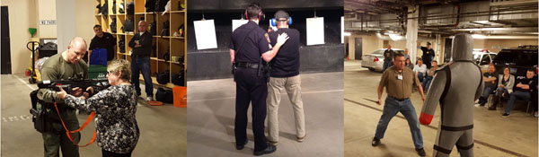 Three scenes showing police training activities with civilians