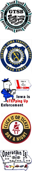 A vertical collage of five logos related to Iowa traffic enforcement and safety