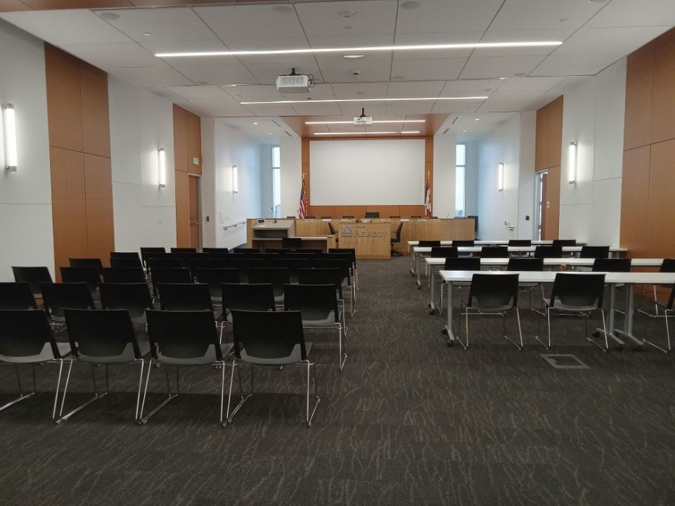 Image of City Council Chambers from the back of room looking forward