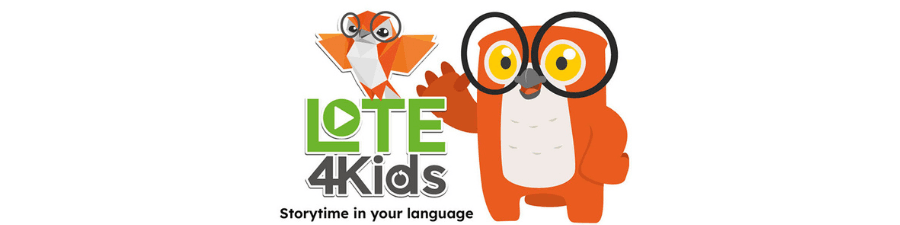 Logo for LOTE4Kids with an owl and name of database