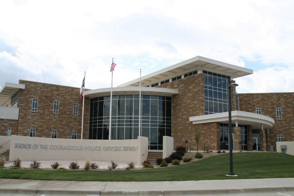 Police Department building with memorial
